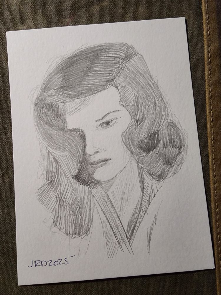 A pencil sketch by Robert Deans of actress Katharine Hepburn from The Philadelphia Story