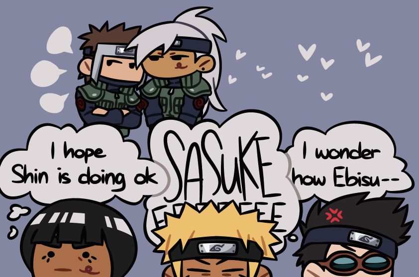 Chibi doodles of Gai, Naruto, and Aoba from Naruto. They're in the foreground with the lower halves of their faces cropped out with thought bubbles. Gai's bubble says, "I hope Shin is doing ok", Naruto's bubble says "SASUKEEEEEE", overlapping Aoba's, and Aoba's bubble says "I wonder how Ebisu--", being cut off by Naruto. He has a little anger mark on his head.
In the background, Yamato leans in with his arms crossed to chat to my oc Taeru, who's listening intently with hearts coming off him.