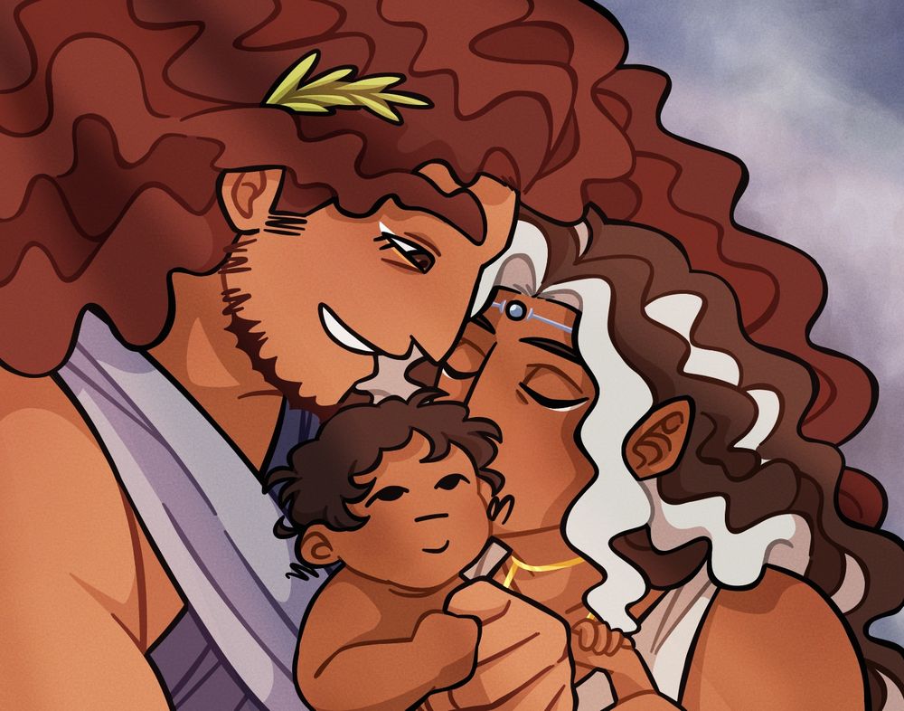 A closeup illustration of Pip's Zeus' holding his and Erastus' infant son Aegeon, smiling softly. The baby looks up at his papa curiously, holding onto his dad's finger while Erastus kisses his head.