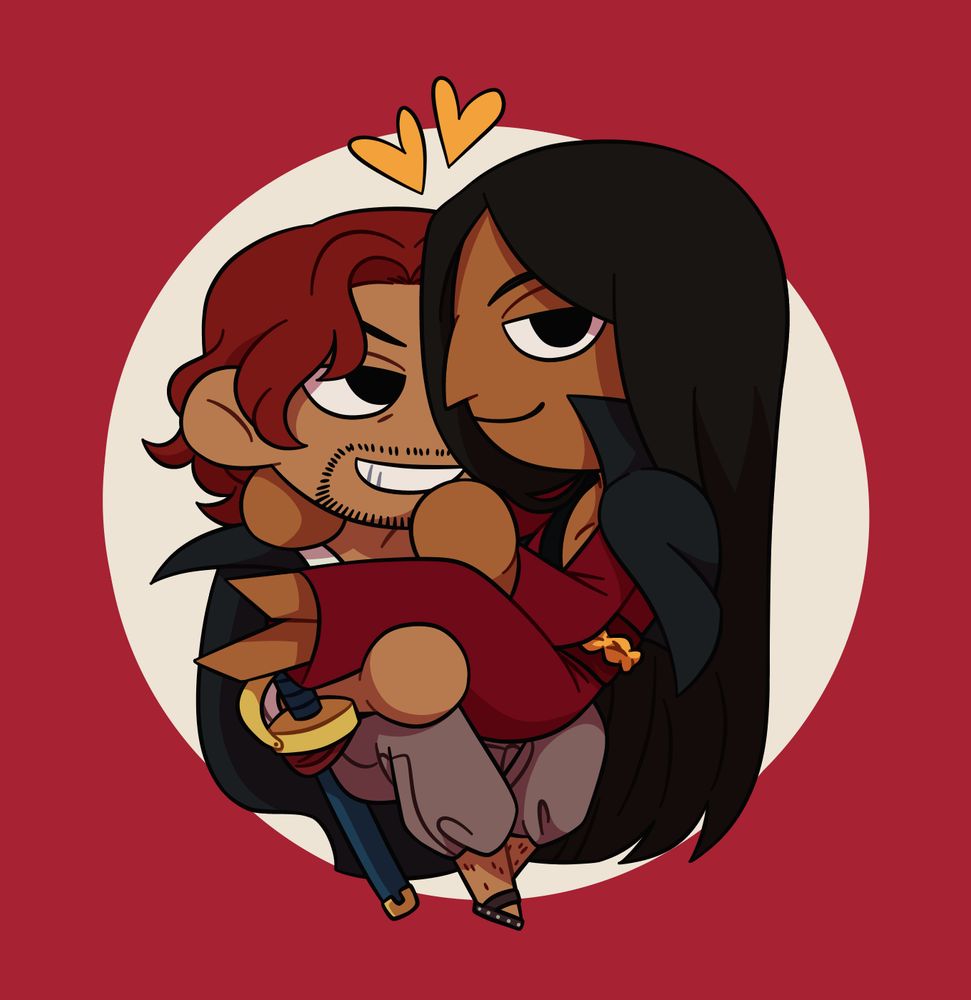 Chibi YCH depicting Shanks from One Piece holding an OC in his lap, looking at her playfully while the OC stares at the viewer with a smug expression and holding his chin.