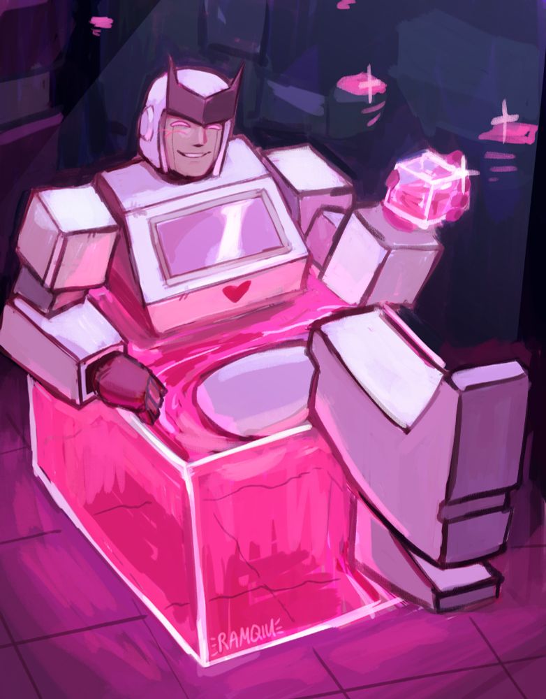 a drawing of ratchet as he appears in g1 transformers lounging in a cube of energon at what seems to be a party 
