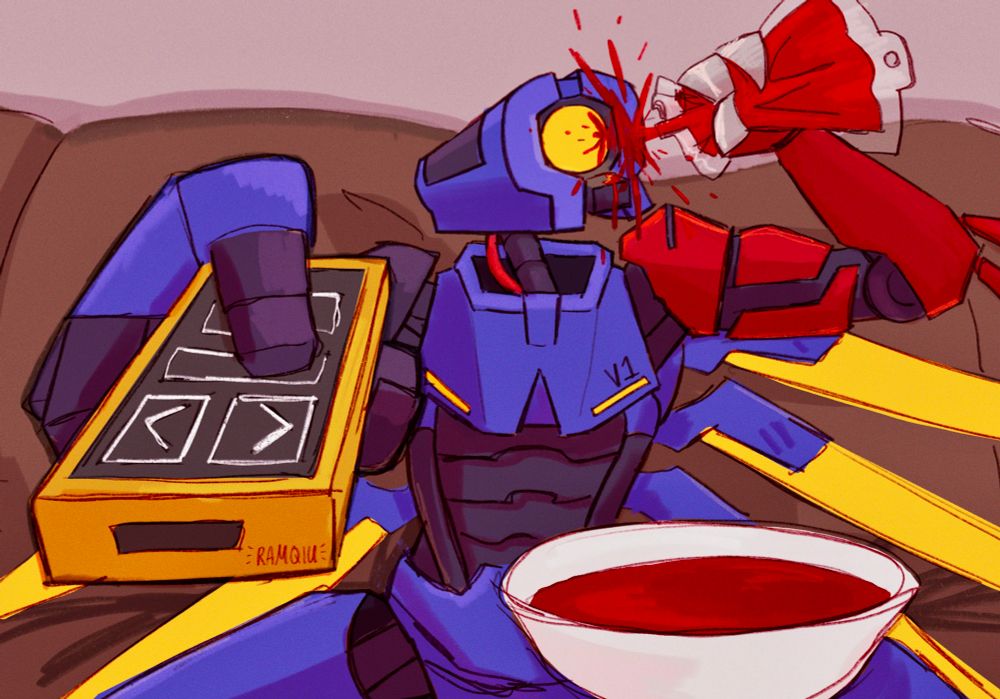a drawing of v1 from ultrakill sitting on the couch "drinking" from a blood bag and pointing a tv remote at the viewer. there is also a bowl of blood resting on its lap. 