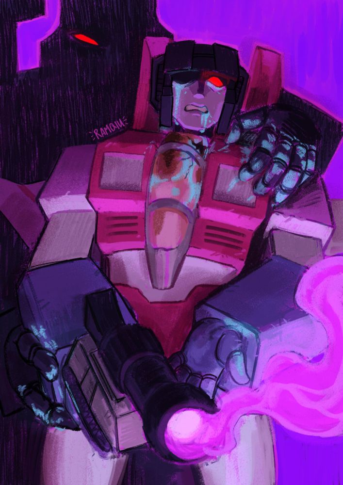 a drawing of starscream and megatron as they appear in the skybound transformers comic. starscream looks a little beat up and distressed holding megatron's gun alt mode while a pair of hands covered in energon is grasping onto him. megatron is an ominous shadowy silhouette right behind him.