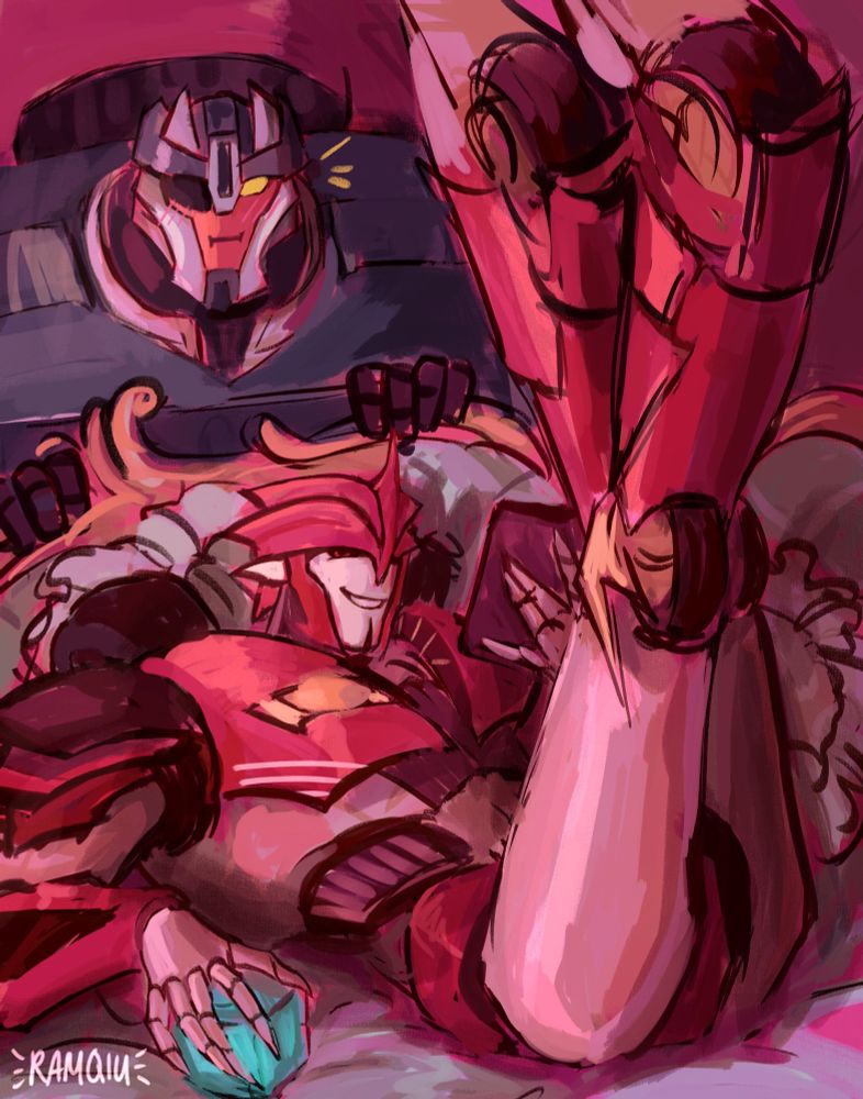 a drawing of knockout and breakdown as they appear in transformers prime. knockout is lying back on a fancy bed with his legs up in the air, ankles crossed with a cube of energon in one hand and a datapad in the other. he's smiling deviously at the camera while breakdown is half-crouched behind the headboard looking a little flustered. 