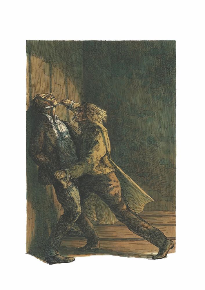Two characters from the book Inkheart by Cornelia Funke having a fight in a dungeon at sunset. One man has a knife to the other’s throat while pressing him against the wall. 