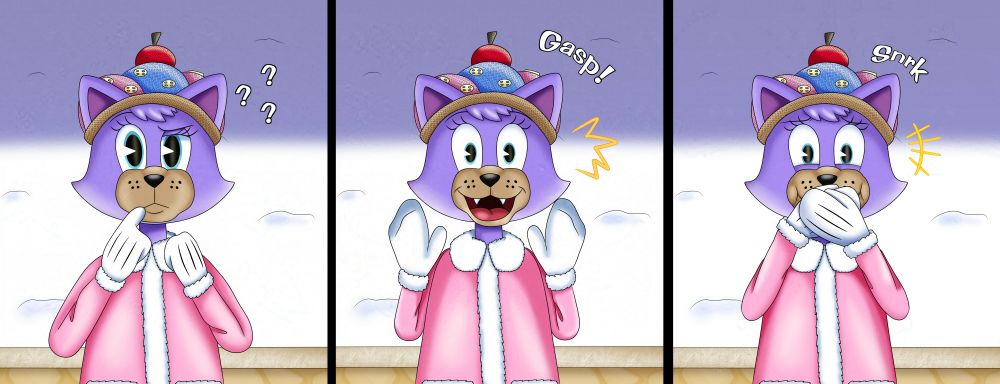 (Image 1) Nanners is a little confused, not entirely sure what Doublin is doing. She brings her right hand up up her mouth, her brows are cocked as she ponders his actions.

(Image 2) Nanners gasps in surprise, now seeing what Doublin did to the display. Her look of confusion has shifted to a shocked smile.

(Image 3) Nanners covers her mouth to not let her laugh slip out but still lets out a small snort.