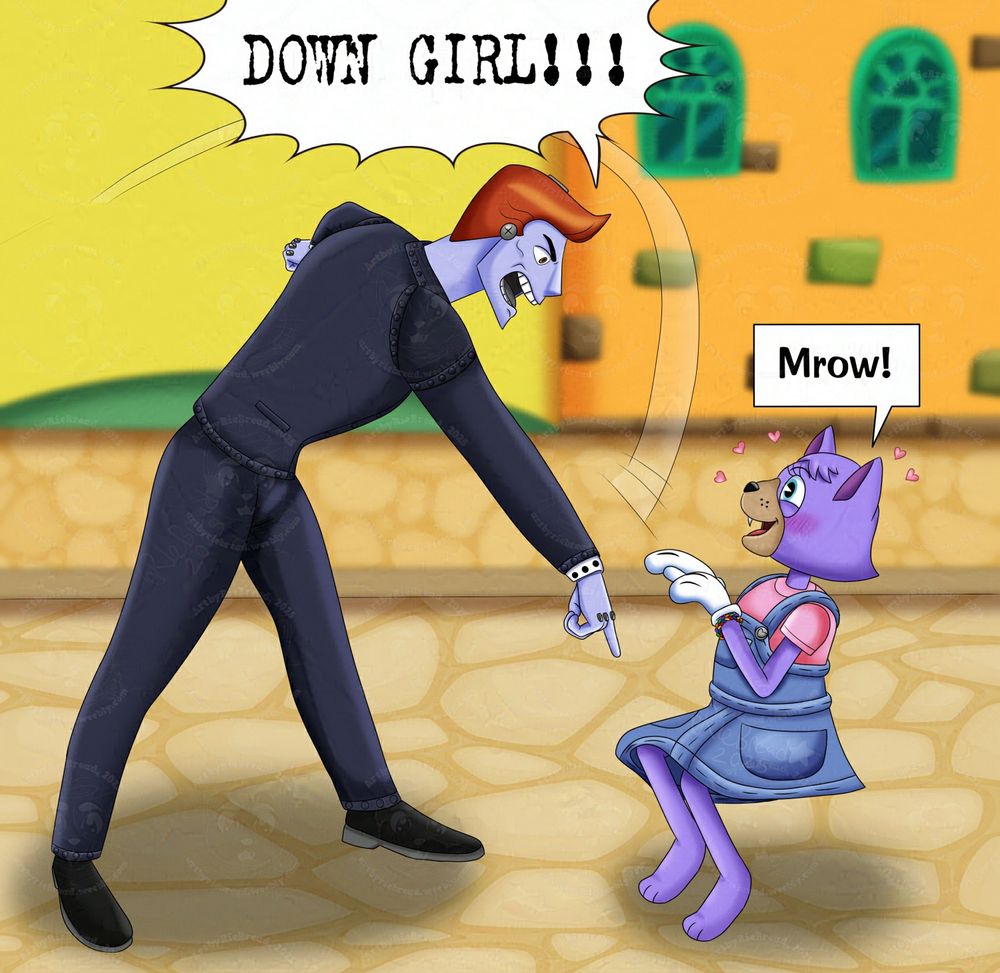 Digital art piece of a periwinkle toned robot in a lawyer suit and an orange faux hawk pointing down at the ground and yelling “DOWN GIRL!!!” to a lavender cat toon wearing a pink t-shirt and blue denim pinafore. She is bending down in a begging position and saying “Mrow!” while blushing with little hearts around her head.