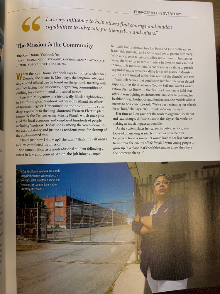 Magazine of Elon page featuring Rev. Donna Vanhook ’07 - faith leader, civic steward, environmental advocate // Burlington, North Carolina