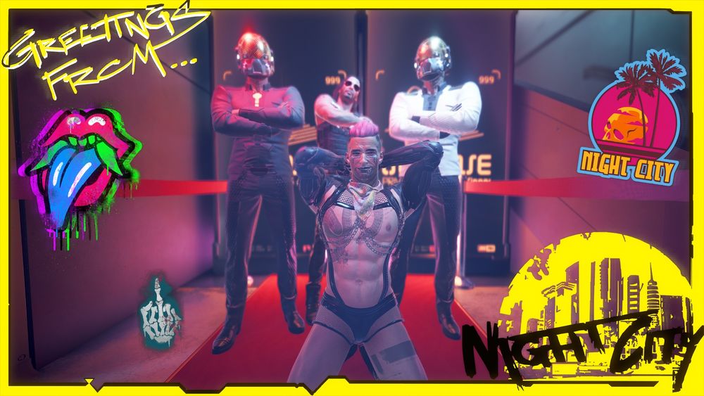 Two daft punk looking dudes, Keanu Reeves, stickers, a guy dressed skimpy while doing a slutty pose at a night club in Night City.