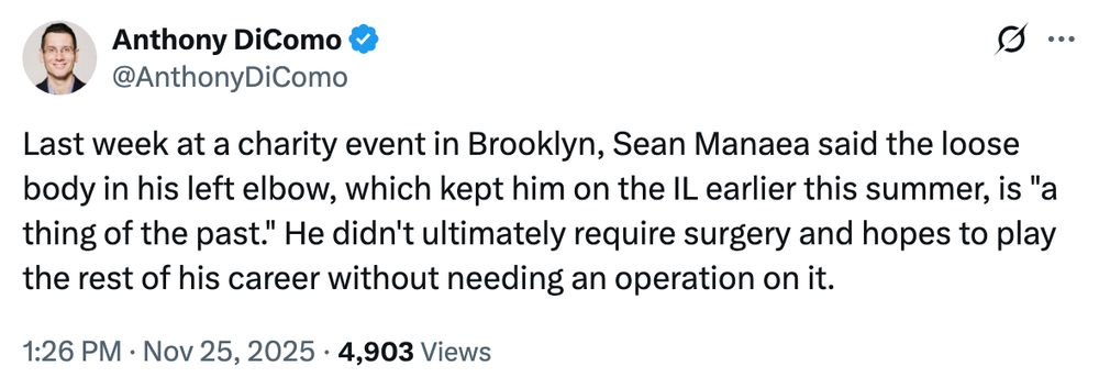 Anthony DiComo tweet:

Last week at a charity event in Brooklyn, Sean Manaea said the loose body in his left elbow, which kept him on the IL earlier this summer, is "a thing of the past." He didn't ultimately require surgery and hopes to play the rest of his career without needing an operation on it.