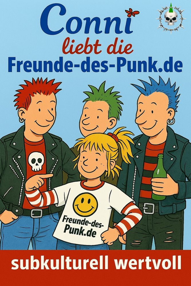 Conni Titelbild mit dem Titel: Conni liebt die Freunde-des-Punk.de. Es sind Conni und drei Punks auf dem Bild zu sehen. Unten steht auf rotem Hintergrund: subkulturell wertvoll 