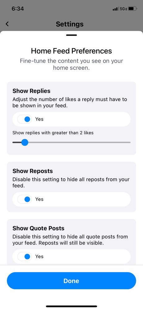 A screenshot of the Home Feeds Preferences