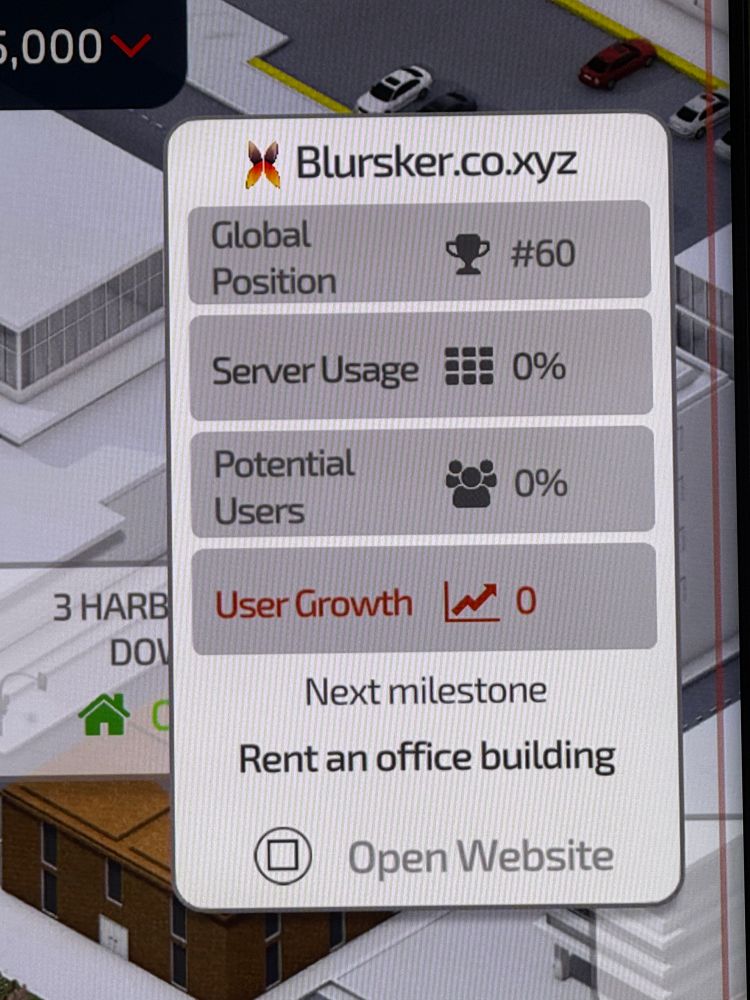 Blursker.co.xyz
Global position #60
Server usage 0%
Potential users 0%
User growth 0
Next milestone rent an office building
