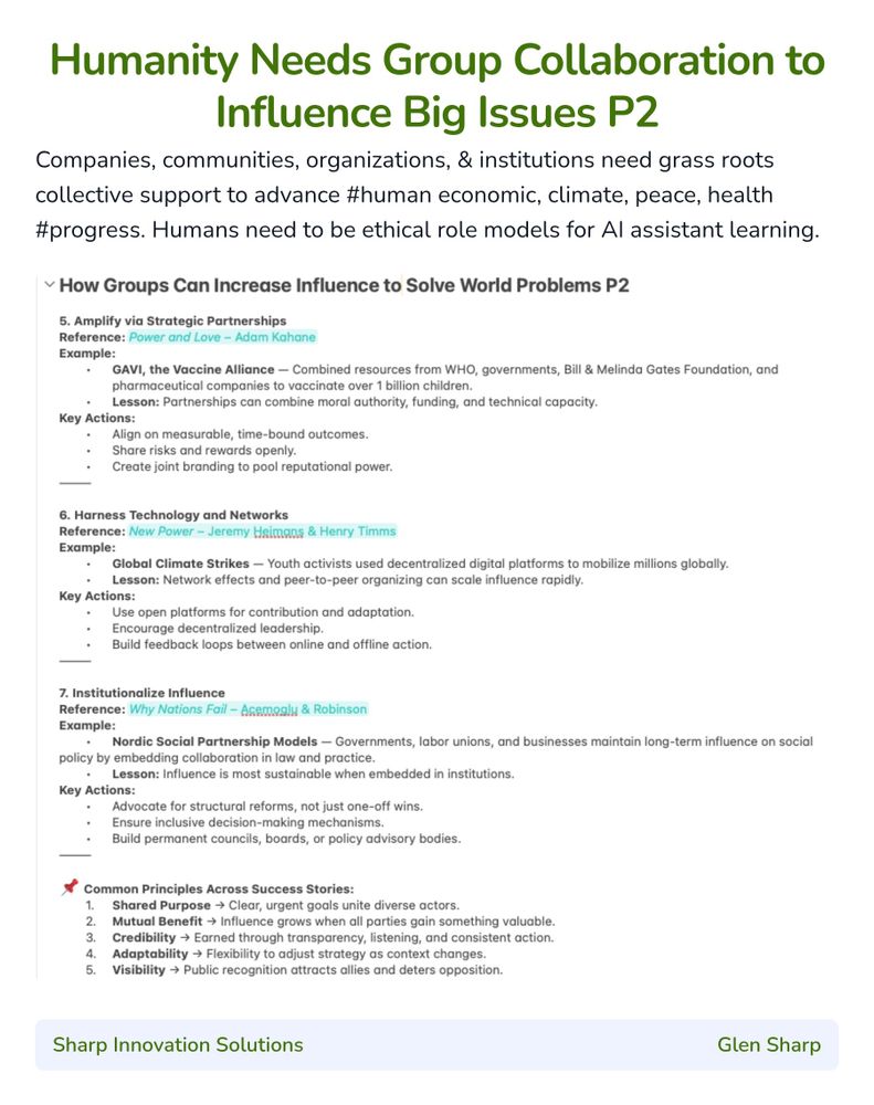 A screenshot essay titled 'Humanity Needs Group Collaboration to Influence Big Issues.' The text discusses the necessity for companies, communities, organizations, and institutions to garner grassroots support for advancing human economic, climate, peace, and health progress. It emphasizes the role of humans as ethical role models for AI assistant learning. The format includes a paragraph styled with HTML tags, indicating a digital or web-oriented presentation.