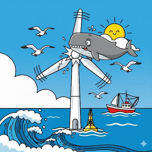 A cartoon of a whale flying into the blades of a wind turbine