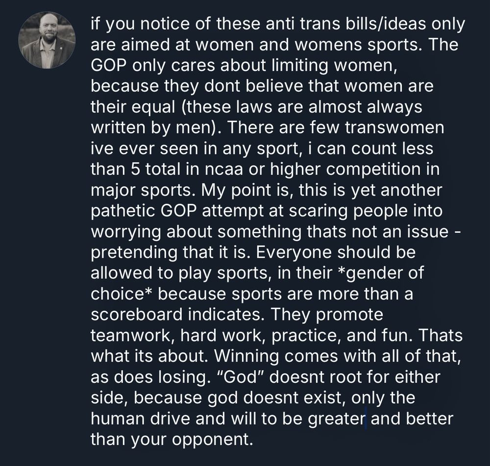 my thoughts on anti-trans athletics. opinion is men are stupid and are trying to control women, again, this is not a real issue.