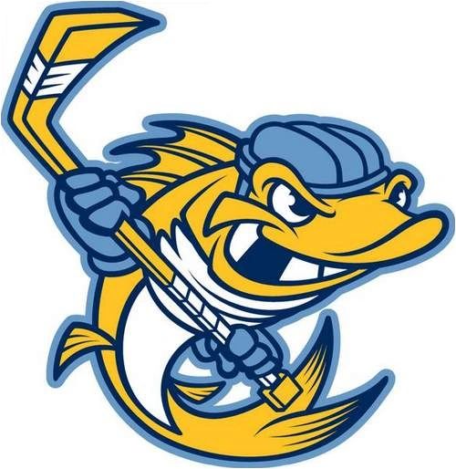 Cartoon image of a walleye holding a hockey stick 
