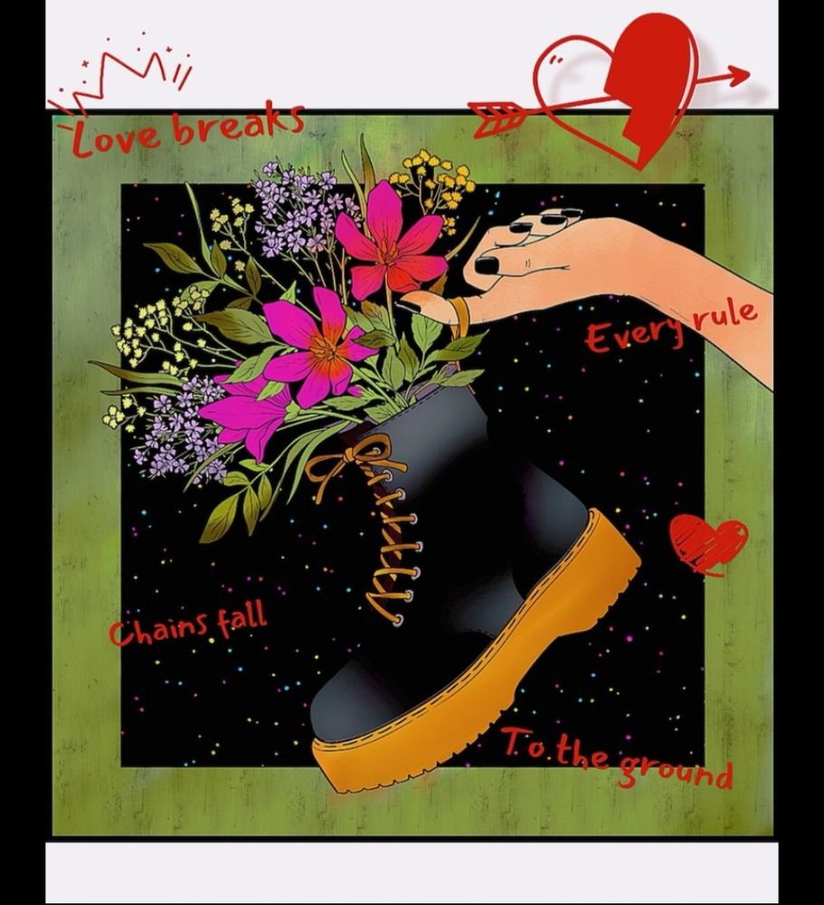 Graphic design made by our lover of a doc marten boot with flowers growing out of it. Surrounded by text that reads "love breaks every rule, chains fall to the ground" 