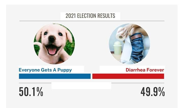 Election meme: 50.1 Everyone gets a puppy, 49.9 diarrhea forever 