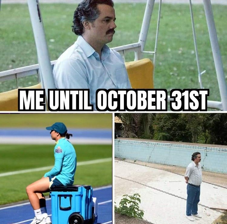 3 photos in a collage. First is Pablo Escobar looking forlorn sitting on a child's swing set, second is Sam Kerr looking forlorn whilst sitting on an Esky, third is Pablo Escobar standing in an empty swimming pool looking forlorn. 
Text across the image says "me until October 31st"