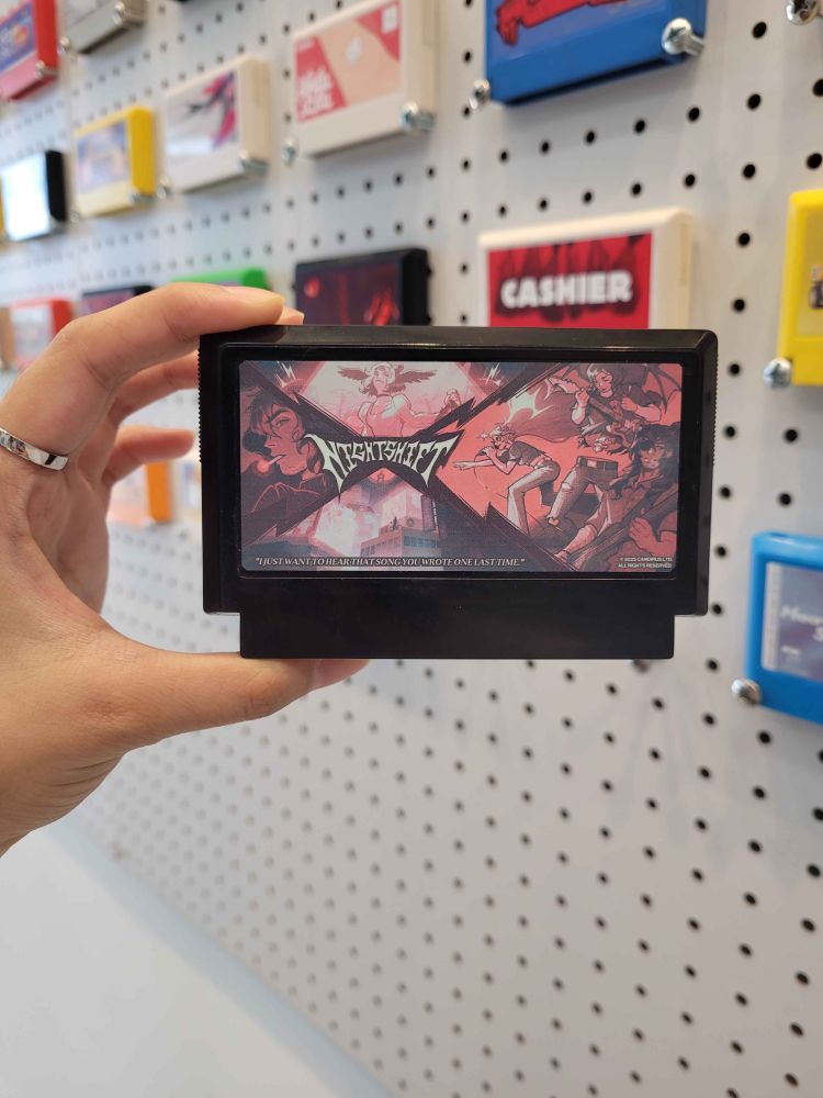 photo of my cartridge at &&gallery hosting the my famicase exhibition. title of my entry is NIGHTSHIFT