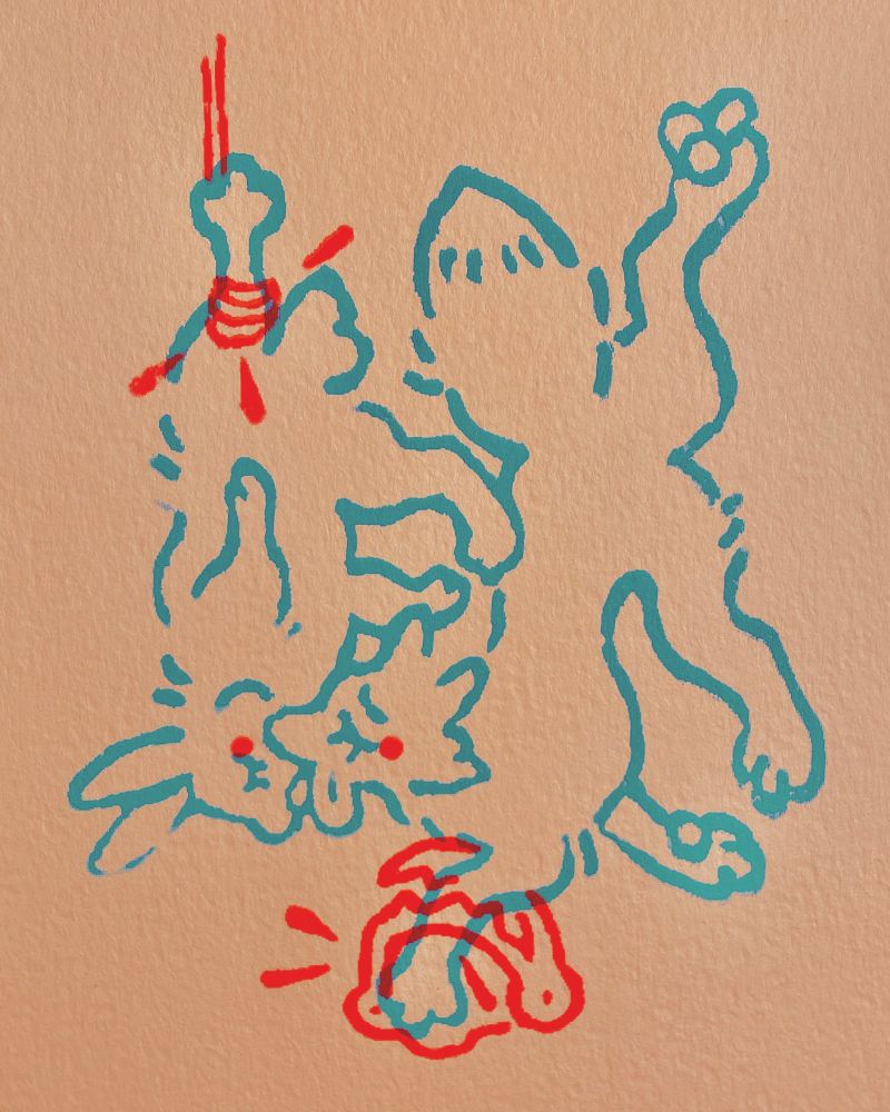 a screen printed image of a rabbit and a fox. the rabbit is hanging upside down from a snare on its leg, while the fox's front paw is caught in a trap. their unfortunate fate brings them together, and they share a kiss.