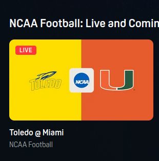 The link for Toledo @ Miami (OH) on DAZN, which has recently started streaming NCAA sports in Europe. DAZN has the game listed as Toledo @ Miami, with logos for the Toledo Rockets and the University of Miami Hurricanes