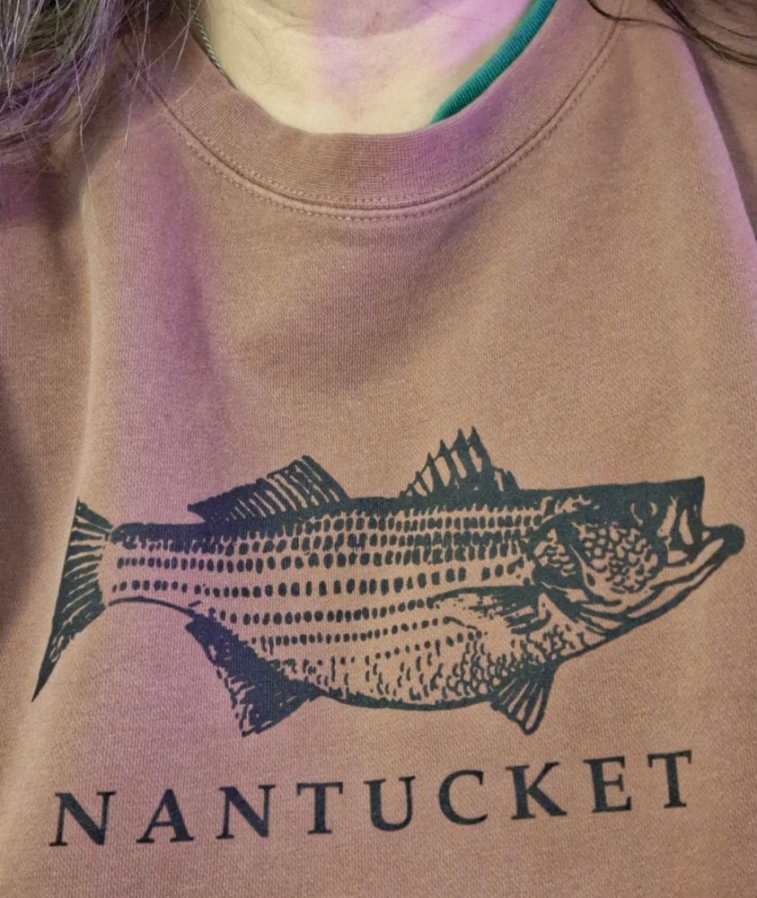 A sweatshirt with a fish on it and the word "Nantucket".