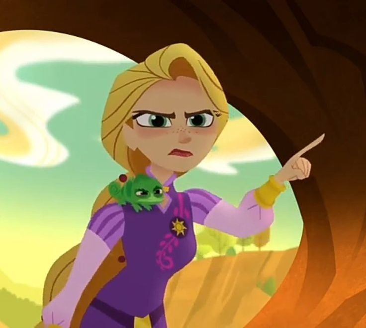 Rapunzel points her finger accusingly.