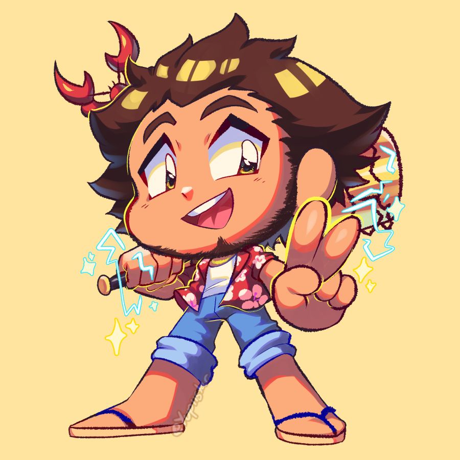Chibi illustration of Ichiban Kasuga from the Yakuza / Like a Dragon series in his Hawaii outfit from Infinite Wealth.
He is smiling, holding his signature golden bat and doing the peace sign towards the viewer, Nancy is sitting on the side of his head with her claws up. She got hands!!!