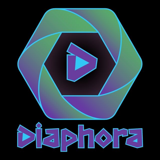 A purple-and-green hexagon surrounds a purple letter D with a light blue triangle inside it. The name Diaphora is spelled out in purple below the shapes.