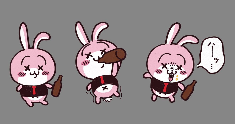 three iterations of a small, pink cartoon bunny looking drunk in a grey background. It is holding a brown beer bottle in all three of them, one iteration is drinking it, another iteration is sighing after drinking