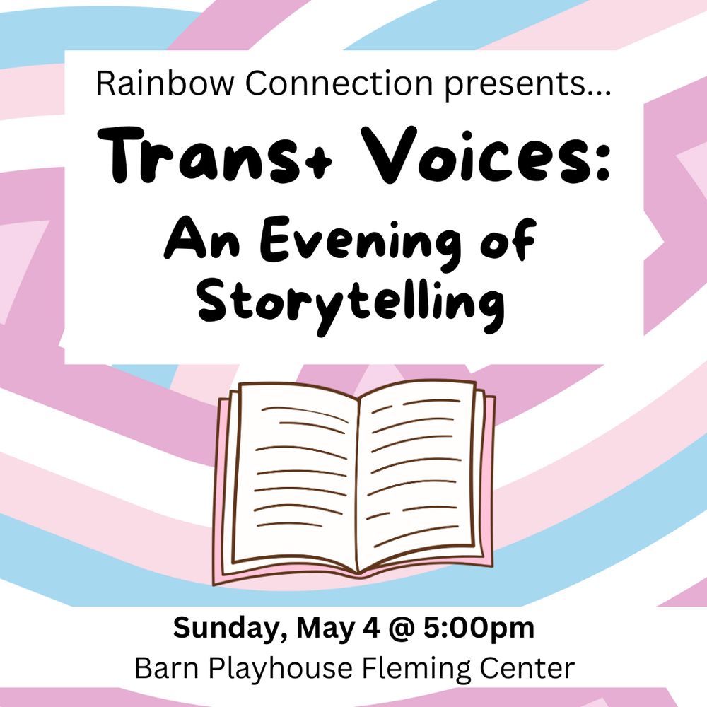 On a background that includes pastel pink, blue, purple, and white stripes in various directions, text reads, “Rainbow Connection presents…Trans+ Voices: An Evening of Storytelling” Below the text is an open book. Below, more text reads, “Sunday, May 5 @ 5:00 PM New London Barn Playhouse Fleming Center”
