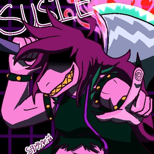 Susie from Deltarune pointing at the camera with her flaming axe held on her back.