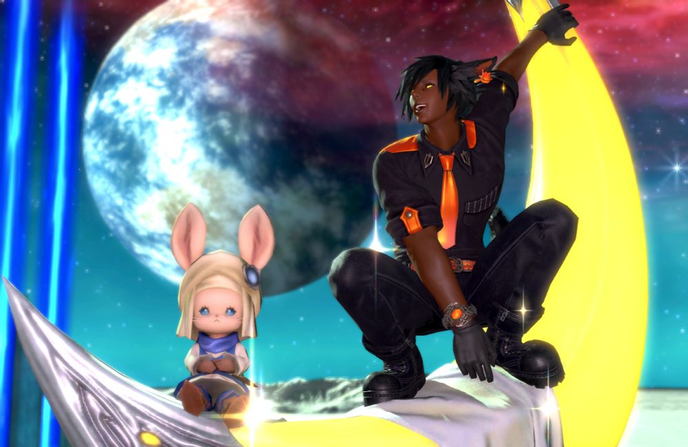 A miqo'te male dressed in black with shiny orange accents and tie riding on a flying vehicle in the shape of a crescent moon through outer space. He sits as a cat does, looking cheerful, while his passenger, a lopporit, stares blankly at the camera.