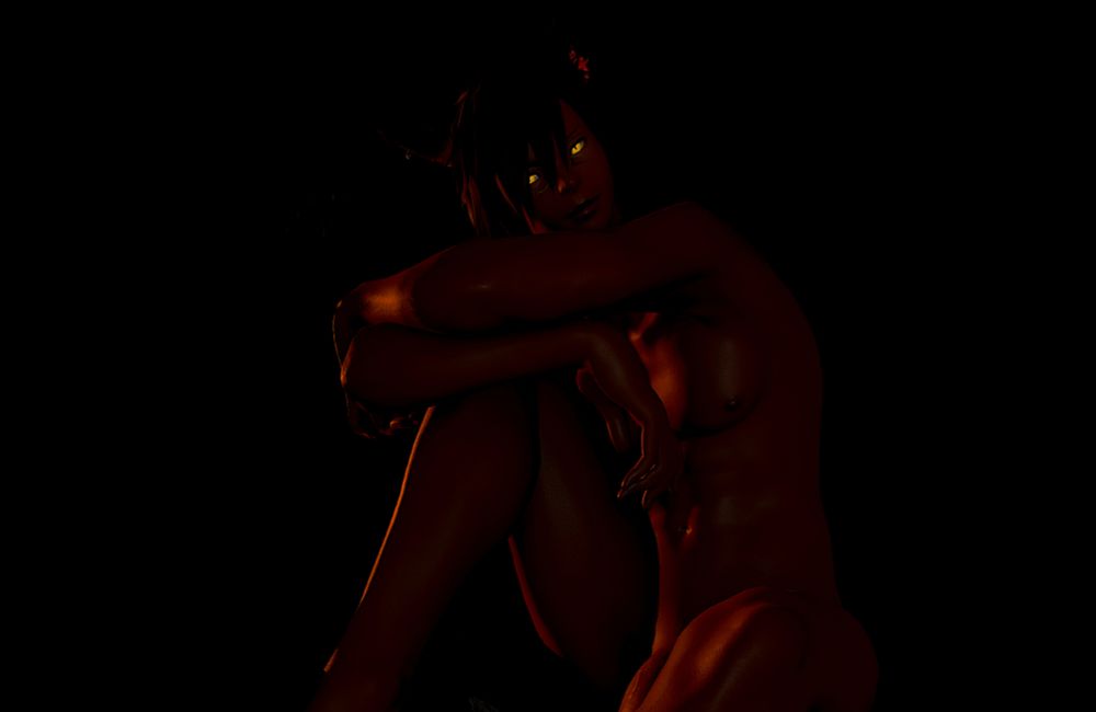 A miqo'te male sitting in the dark, his arms crossed over one of his knees, propped up as that leg is on the object upon which he sits. His nude body is largely hidden by the surrounding darkness, with only a faint orange light outlining and gently highlighting one side of him. In this shot, his back is to the camera as he looks to his left toward the faint light. In this shot, you see him from his left side as he looks with neutral expression to the camera, his glowing yellow eyes highlighted with the gentle glow of the light lightly illuminates the front of him from the right. He can be seen halfway from his buttocks up, his penis noticeable but mostly covered, flaccid and mostly hidden by his thigh and the edge of the photo.