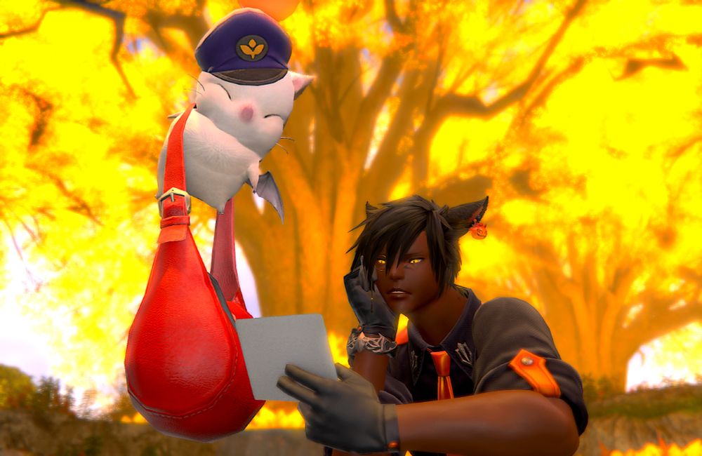 A miqo'te male dressed in black with shiny orange accents and tie sits in a kneeled position on the ground, reading a letter brought to him by a delivery moogle, who flutters in the air nearby with its blue cap and big, heavy red delivery bag. The miqo'te looks both disappointed and annoyed; clearly the note isn't a favorable one. This shot is more a close up of the miqo'te's and moogle's faces.