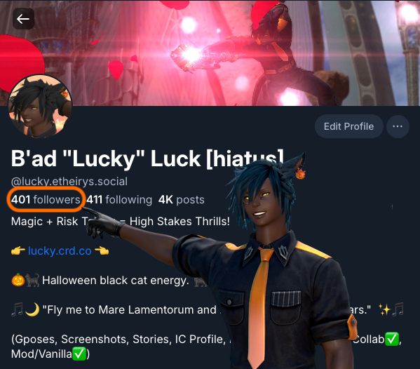 A miqo'te male dressed in black with shiny orange accents and tie is standing in front of his BlueSky profile. He happily points to his 401 follower count which is encircled in orange.