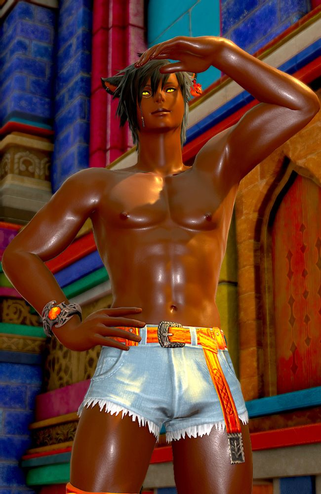 A miqo'te male in light blue denim cut-off shorts with an orange belt and shirtless looking over a colorful, Indian style city on a sunny day. This shot faces him, the buildings behind him display vibrant red, yellow, blue, and green paint for every panel, accent, and frame. He smiles as he looks on, the heat causing him to wear a slight sheen of sweat. This image is in portrait orientation.
