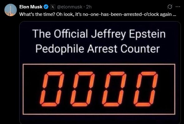 musk on X saying nobody has been arrested for pedophilia from the epstein affair