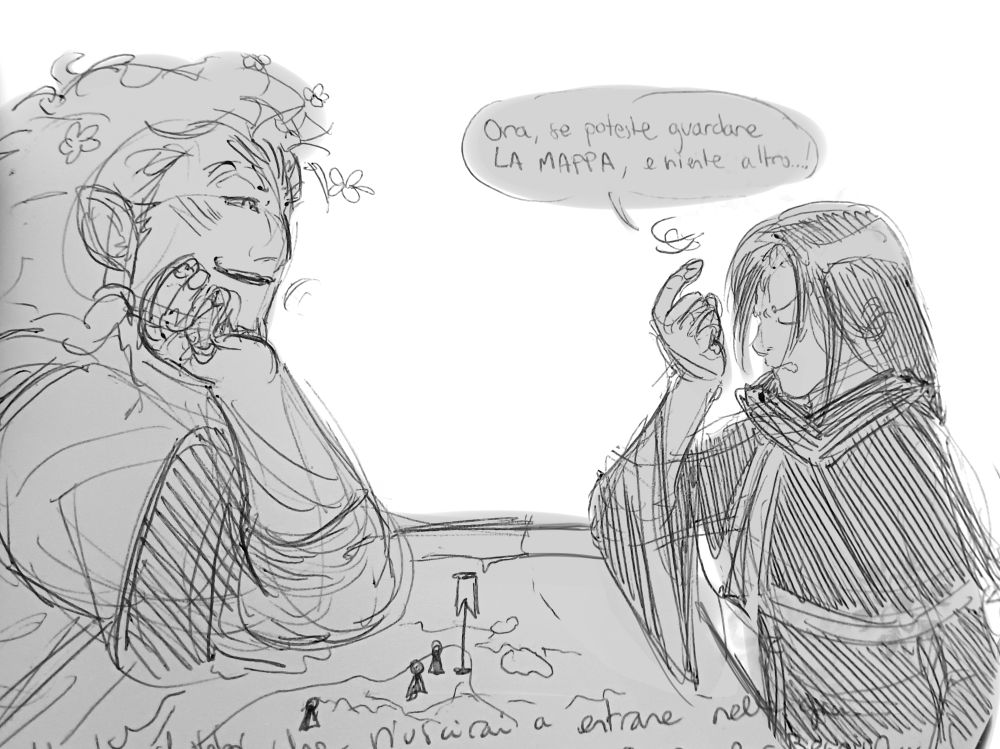 A loose sketch picturing Skrimir and Soren. Skrimir is leaning on a table with a map displayed on it, looking at Soren; the tactician seems to be pissed as always, saying "Now, if you would look AT THE MAP, and nowhere else...!".