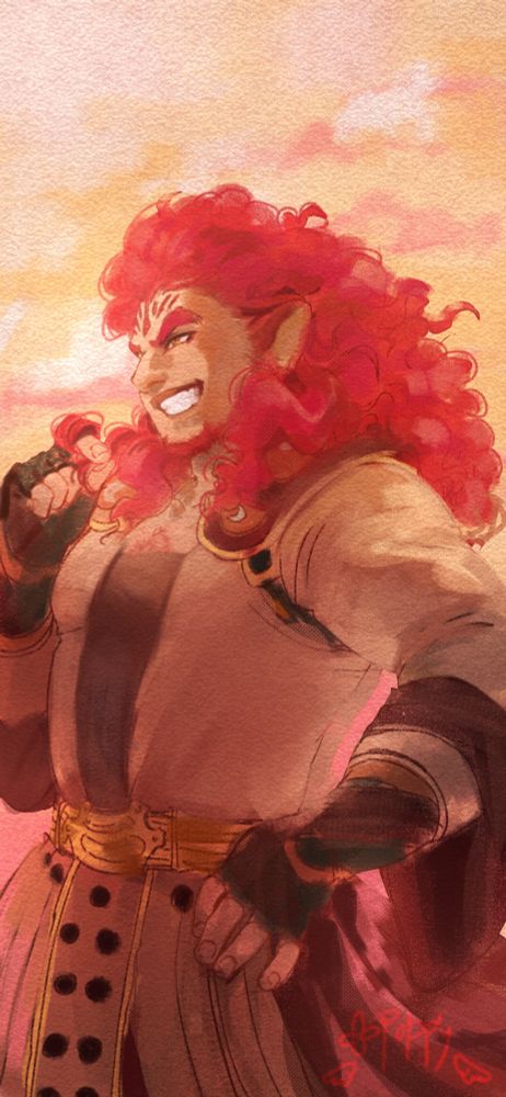 A digital illustration of Skrimir from Fire Emblem Radiant Dawn. He is a bulky man with a long mane of red hair. He is twirling his hair between his fingers as he looks proudly into the distance.