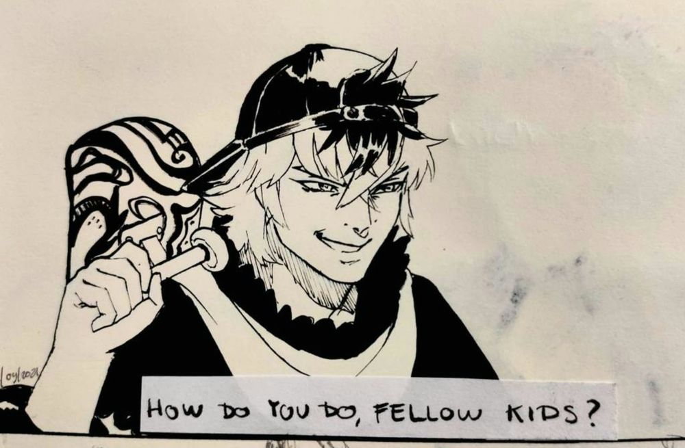 Black and white drawing of Shura referencing the "How do you do, fellow kids?" meme