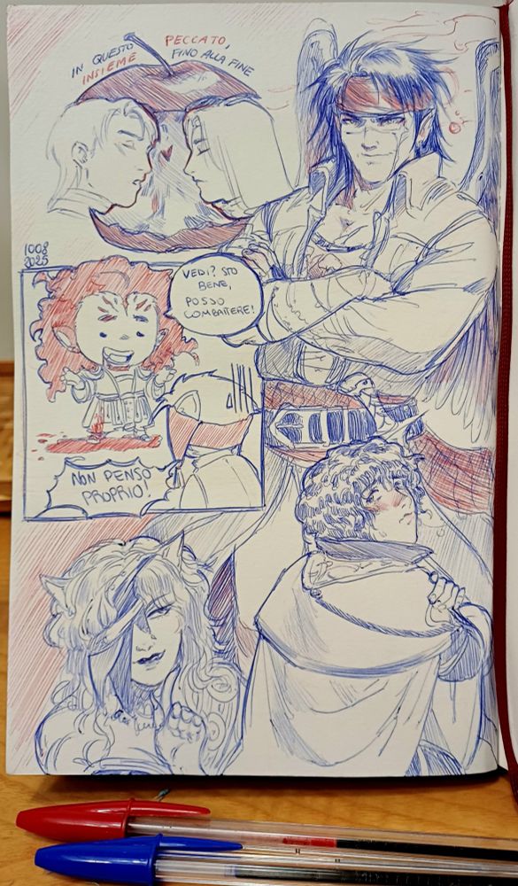 A page of pen sketches of characters from Fire Emblem Radiant Dawn. From the top, and from left to right:
- The apple trend, featuring Zelgius and Sephiran. The writing translates to "In this sin, together until the end";
- Tibarn, standing proudly with his arms crossed;
- A chibi version of Skrimir and Ranulf. Skrimir is standing in a pool of blood, saying "See? I'm okay, I can fight!", Ranulf answers "I don't think so!!";
- A headshot of Nailah;
- Pelleas, sitting sadly on the ground and looking back at the viewer.
