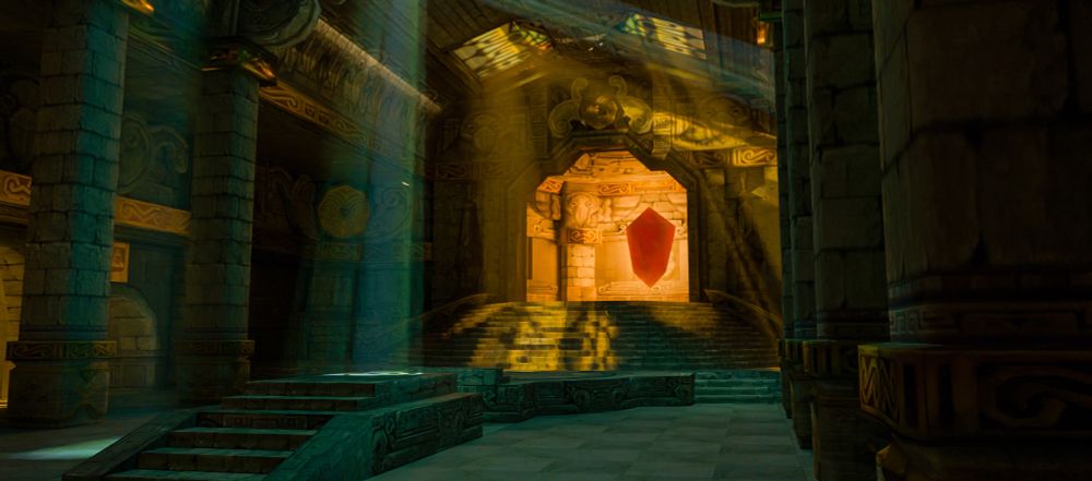 The interior of the Sealed Temple, from Legend of Zelda, Skyward Sword. It features an chapel in the rear of the building with an orange crystal and stone steps leading up the area