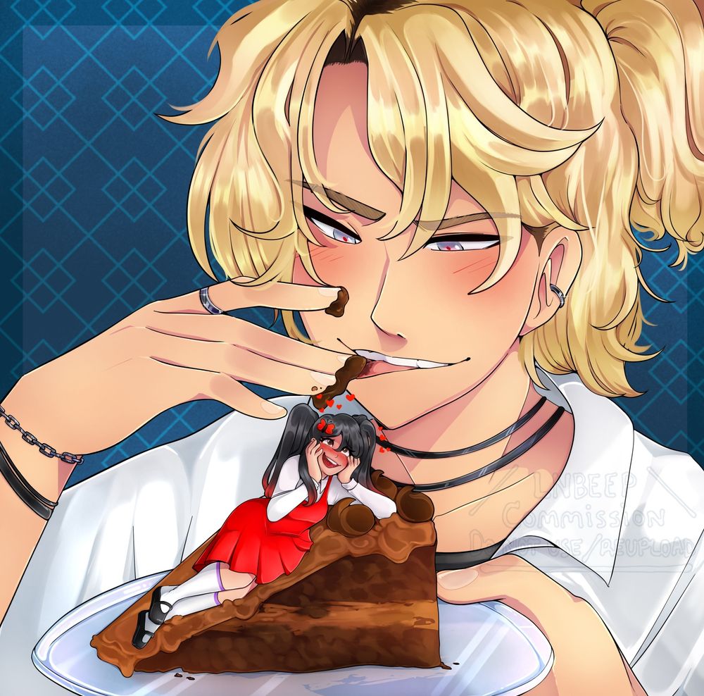 Bust commission of Donny's OC with Whitney from "Degrees of Lewdity."  Whitney is a young man with wild and windswept blond hair tied back in a ponytail. He has a lot of jewelry and piercings. His eyes are a cold blue with red irises. Donny's OC has black pigtails. She's wearing a red, plaited dress with a white undershirt and ballet flats.

Whitney holds a plate of chocolate mousse cake. Donny's OC lays atop the cake, looking up at Whitney with embarrassed glee. Whitney has a bit of chocolate on his fingers and is licking it off, blushing a bit as he looks down at her teasingly. 