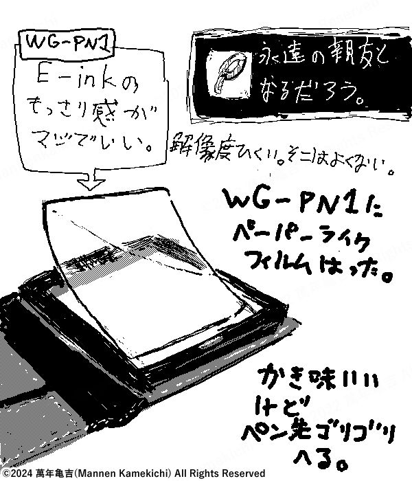 イラスト。WG-PN1という電子インクタブレット端末にざらざらしたペーパーライクフィルムを貼ったら、描きやすくなったけどペン先が削れやすくなった旨の内容。