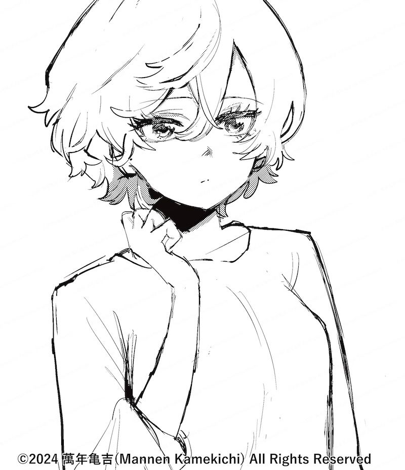 モノクロのイラスト。Tシャツを着たショートヘアの女性の絵。あまり深く考えないで描いた絵なので棒立ち。