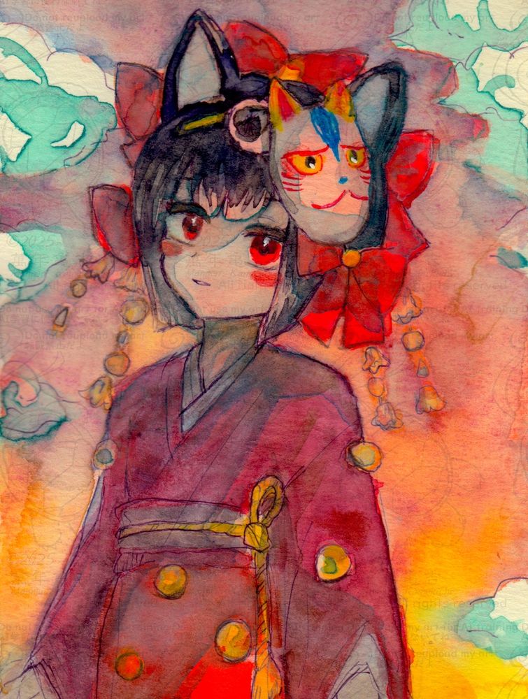 水彩イラスト。茶色がかった変な色の夕陽を背に立っている血反吐結び。