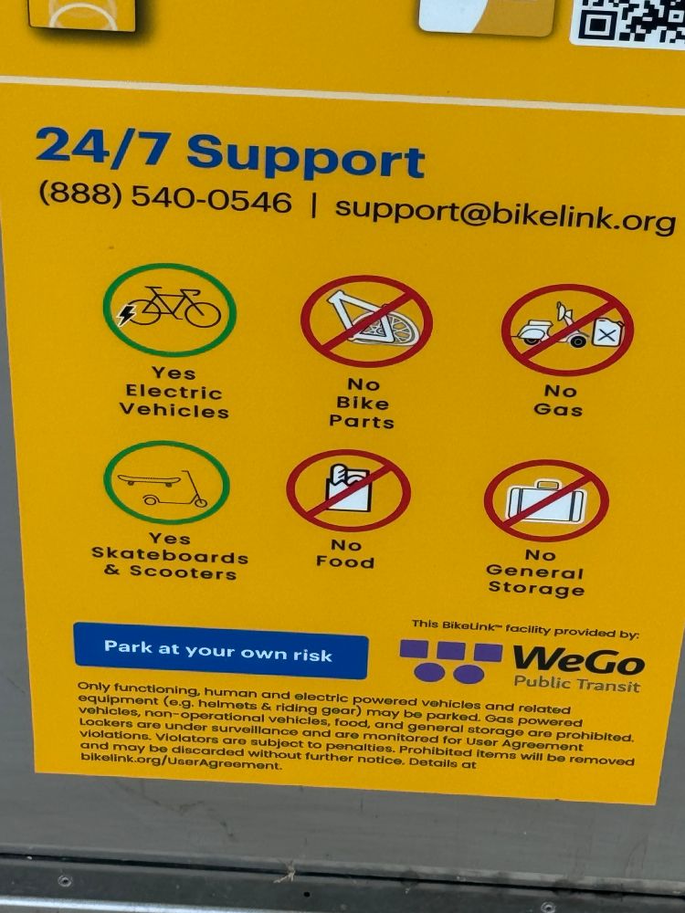 sign listing items that are and are not allowed in the bike storage at WeGo’s Earnest Rip Patton North Nashville Transit Center
